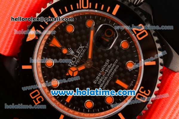 Rolex Submariner Asia 2813 Automatic PVD Case with Orange Markers Carbon Fiber Dial and Orange Nylon Strap - Click Image to Close